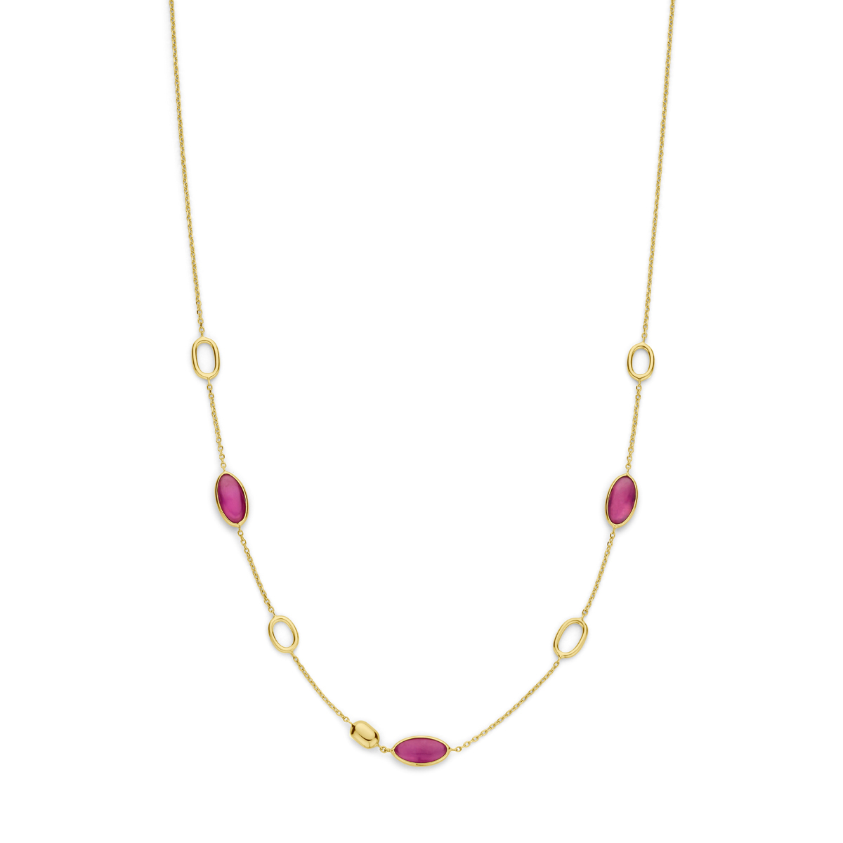 14k Geelgouden collier uitgevoerd met robijn. Het collier heeft een schakelbreedte van 1mm en draaglengtes van 42-45cm. Uitgevoerd met karabijnsluiting.