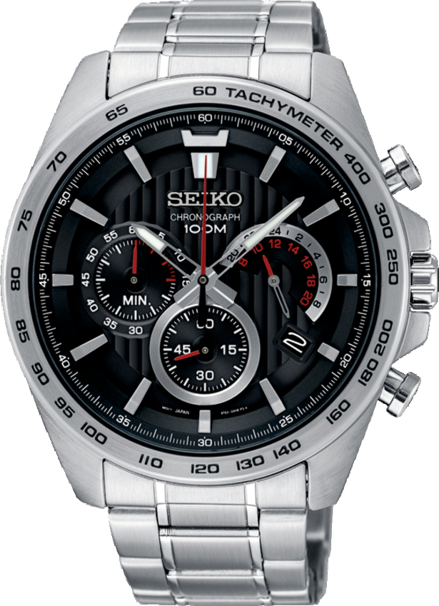 Stalen chronograafhorloge met 44,9 mm kast, zwarte wijzerplaat, hardlex mineraalglas en waterbestendigheid tot 10 ATM.