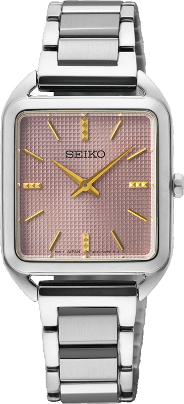 Dit is een dameshorloge van het merk Seiko. Het is een analoog horloge gemaakt van staal. De diameter van de kast is 26 mm en de kast is 6.5 mm dik.
De verdere specificaties van het horloge zijn als volgt:
Kastvorm: tonneau
Kastkleur: zilverkleurig
Kastmateriaal: staal
Bandbreedte: 13.5 mm
Bandlengte: 190 mm
Sluiting: vouwsluiting
Wijzerplaatkleur: roze
Glassoort: hardlex mineraal glas
Waterdichtheid: 5 ATM
Techniek: quartz