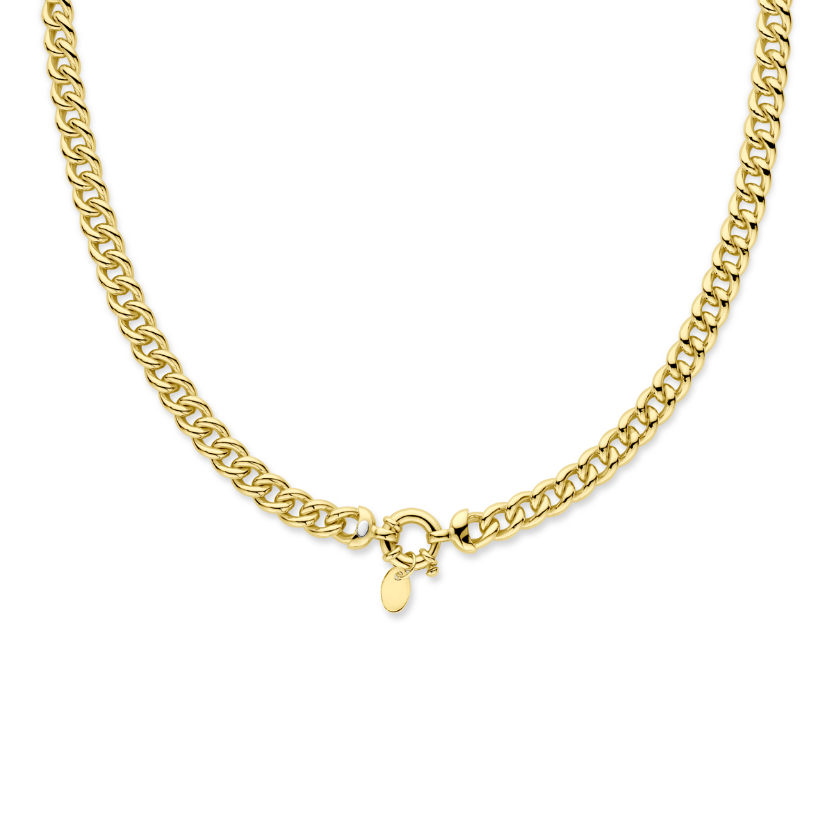 Sieraden van 14 karaat goud met daarin een kern van 925 zilver. Geelgouden collier met gourmette schakel. De schakelbreedte is 7.0mm.