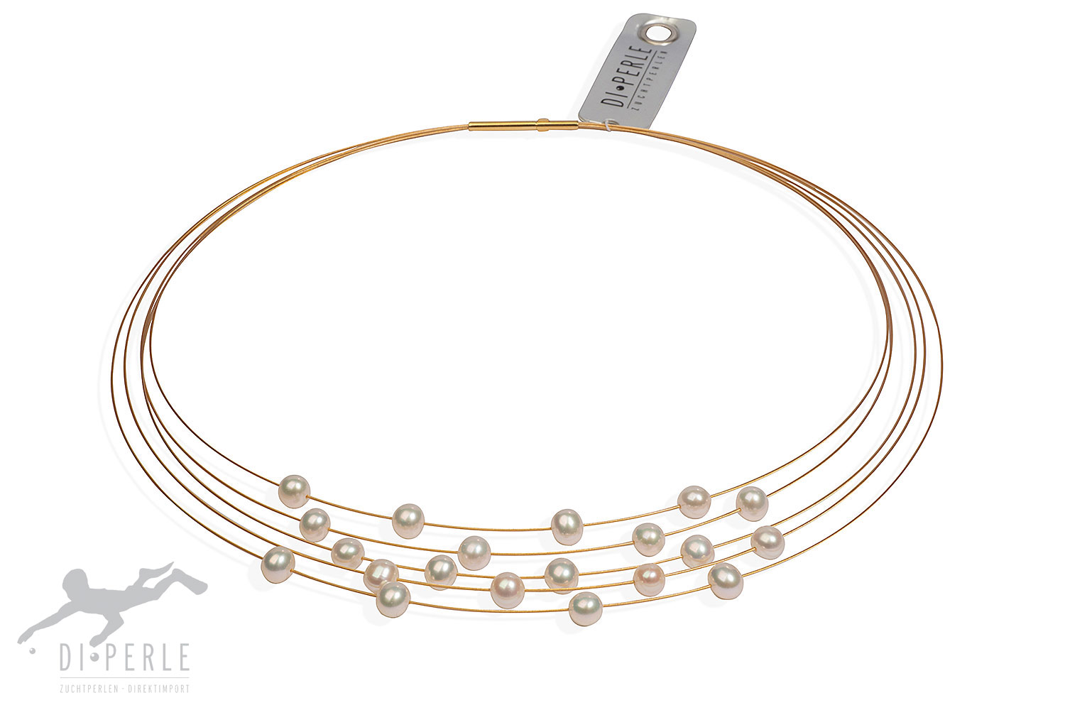 Verguld Edelstalen Collier 5-draads met Witte Zoetwaterparels 844254