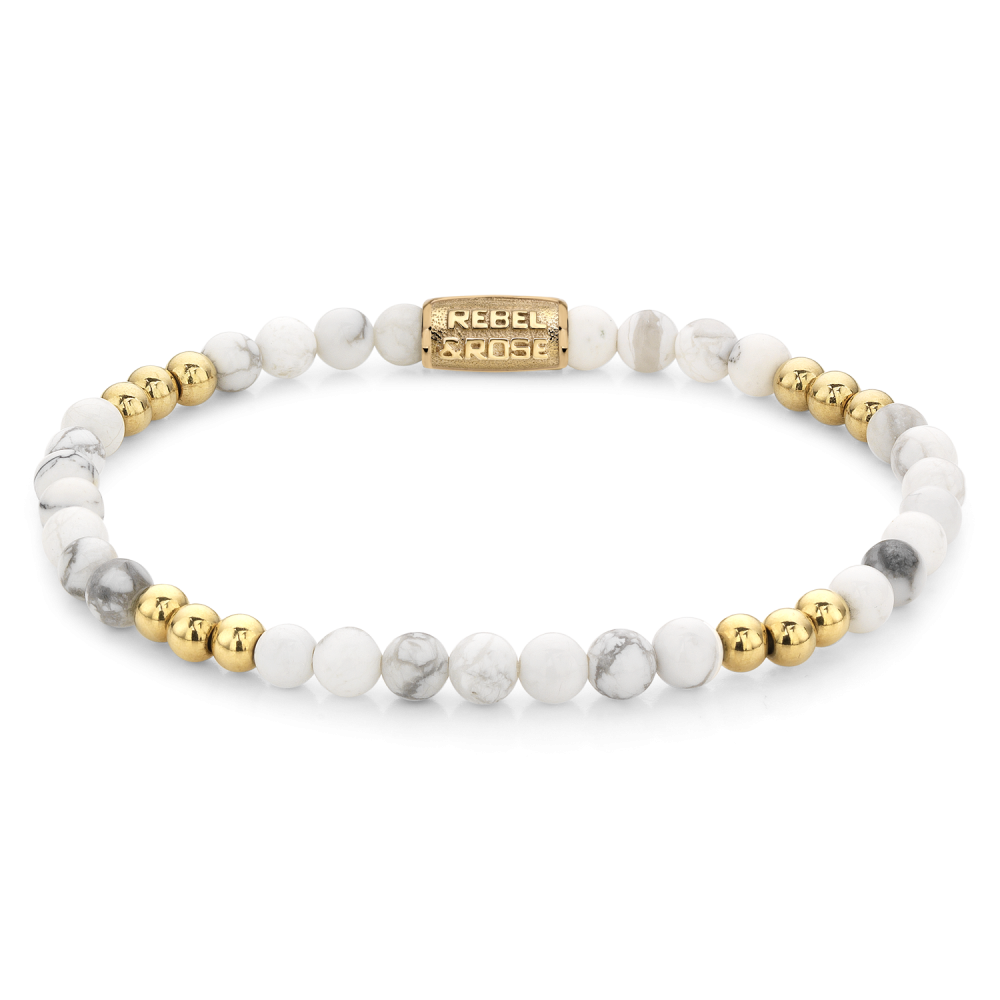 Armband van het merk Rebel & Rose. De armband heeft een hoogwaardige elastische stretch koord, met 4mm van Howliet, RVS 18kt ion-gold plated.