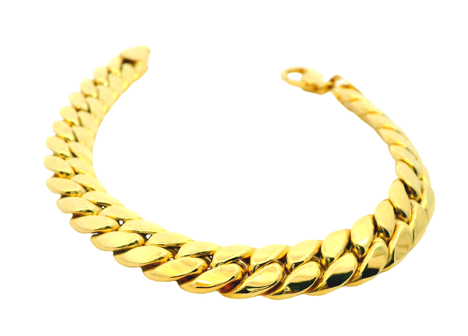 Deze geelgouden armband van 14 karaat (23.31 gr) heeft een tijdloos gourmet ontwerp en is geschikt voor zowel mannen als vrouwen. De armband straalt luxe en elegantie uit en is perfect voor dagelijks gebruik of bij speciale gelegenheden. Draag deze armband alleen of combineer met andere sieraden voor een trendy look. Een stijlvolle toevoeging aan elke sieradencollectie!