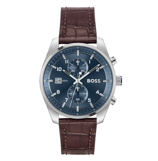Boss chrono-bruin lederen band-stalen kast-blauw wijzerplaat-datum-44mm- 5atm