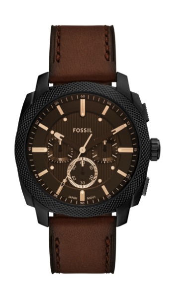 Fossil herenhorloge, bruin lederen band, zwarte kast, donkeren wijzerplaat.