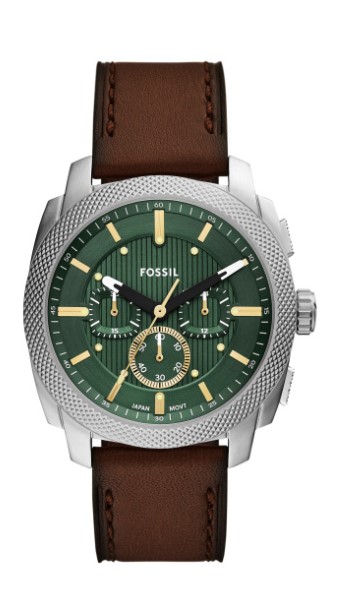 Fossil heren horloge, bruine lederen band, stalen kast, groene wijzerplaat met goudkleurige index