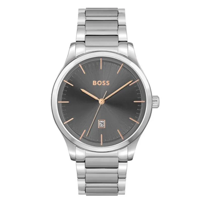 Dit Boss horloge Reason is van staal en heeft een schakelband. De wijzerplaat is anthraciet en heeft rosé accenten. Het horloge geeft de datum aan op de positie van de zes. De kastdiameter is 43mm.

Het merk Hugo Boss biedt moderne horloges van hoge kwaliteit en design. Boss staat voor het creëren van een onberispelijke look of het nu zakelijk, casual of sportief is. Elegantie zit ‘m in kleine details. Klasse en stijl komen samen in de subtiele ontwerpen van Hugo Boss.