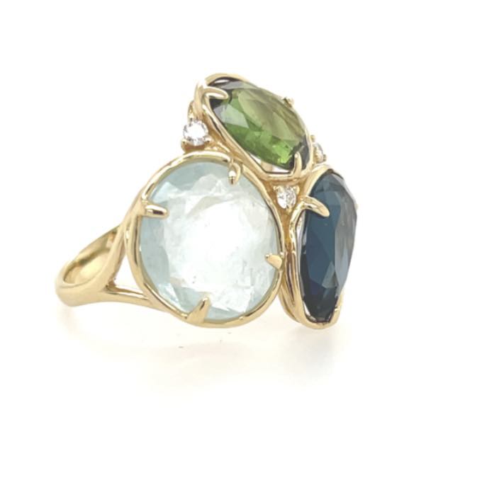 Ring in goud 18 k met white prasiolie , perdot , tourmaline en diamant 