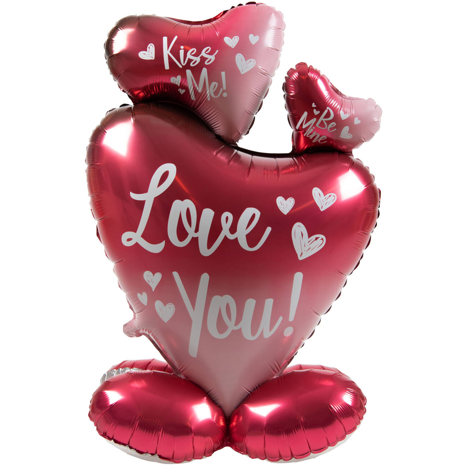 Een groots liefdesgebaar. Staande Folieballon, Ombre Love, "Love you!" - 77 cm. Inhoud: 1 folieballon. Bijvoorbeeld te gebruiken tijdens de volgende feestgelegenheid/feestgelegenheden: Valentijnsdag, Huwelijk. Deze staande folieballon bestaat uit 3 harten: een grote met de tekst "Love you!" en twee kleinere harten met op de ene "Kiss me!" en op de andere "Be Mine". Alle harten hebben het kenmerkende roze ombre-effect van deze Ombre Love collectie. Dit artikel is gemaakt van folie.