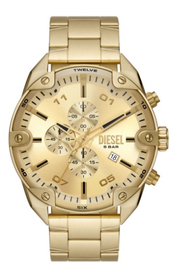 Diesel quarts heren pols horloge staal met stalen band goudkleurig uit de Spiked collectie. 5 ATM waterdicht.