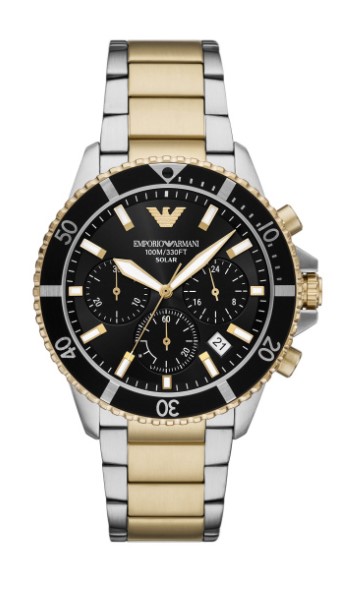Emporio Armani heren pols horloge bicolor staal met stalen band uit de collectie World Explorer.