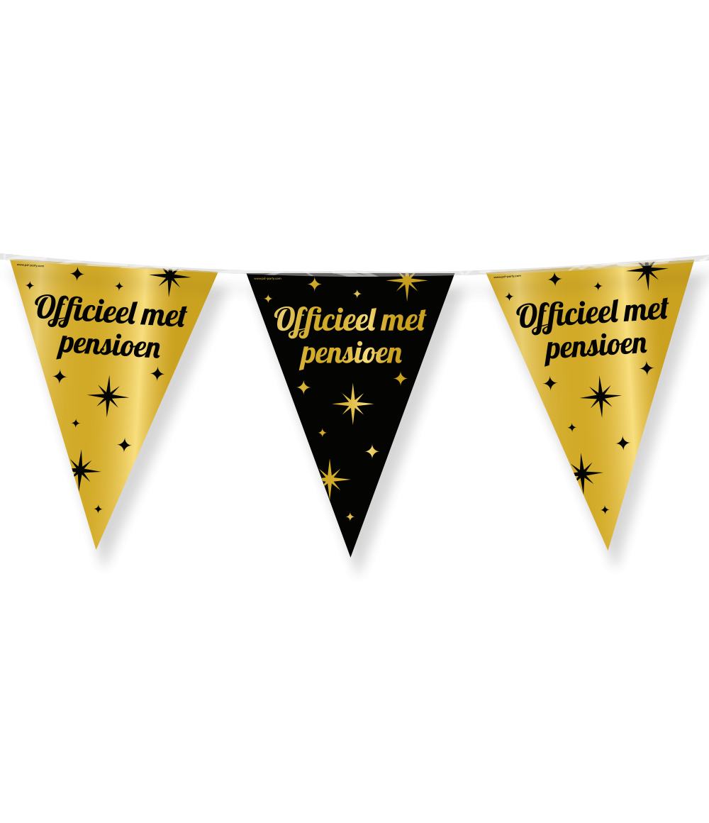 De Classy party flags foil - Pensioen zijn de ideale versiering op een feestje ter ere van een pensioen. Door de kleuren zwart goud en het 'classy' design vallen deze party vlaggen dan ook extra goed op! De aan beide kanten bedrukte vlaggetjes zijn gemaakt van folie, hebben een lengte van 10 meter.