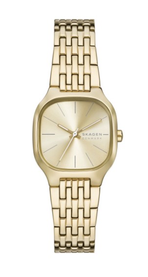 Skagen dames pols horloge staal met stalen band goudkleurig uit de collectie Mellem Lille.