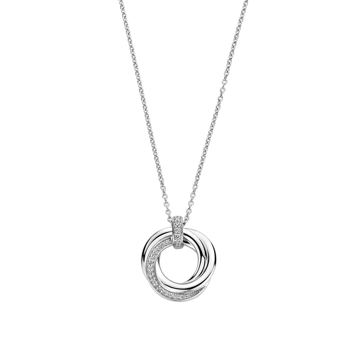Ontdek de betoverende wisselwerking van texturen met deze TI SENTO zilveren ketting 34055ZI/42. Gemaakt van 925 sterling zilver en verzilverd voor blijvende schittering, heeft dit statementstuk een groot rond ontwerp met verweven lagen. Sommige lagen zijn versierd met een verblindende pave van witte cubic zirconia stenen, wat een schitterend effect creëert. Andere lagen zijn vervaardigd uit eenvoudig zilver, wat een subtiel contrast biedt. De verfijnde details en contrasterende texturen maken deze ketting tot een waar kunstwerk. Het is een perfecte fusie van modern design en tijdloze elegantie. Verhoog je dagelijkse look met dit uitzonderlijke stuk en voeg een vleugje ontsnapping toe aan je stijl. Draag het alleen voor een gedurfde statement of gecombineerd met andere TI SENTO kettingen voor een gepersonaliseerde touch. Met zorg vervaardigd voor gevoelige huid, garandeert deze nikkelvrije en hypoallergene ketting blijvend comfort en kwaliteit.

Het collier heeft een standaardlengte van 38 cm en heeft een verlengstuk van 10 cm. Hierdoor kan je het collier op 5 verschillende lengtematen dragen, op 38 cm, 40 cm, 42 cm, 45 cm en 48 cm.

