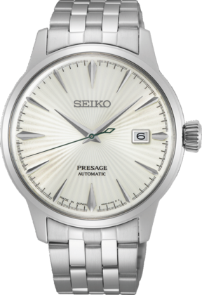 Seiko Pressage SRPG23J1 Automatic heren pols horloge ook zeer geschikt voor een dame. Kast 40,5 met witt wijzerplaat Hardlex mineraal glas. Stalen schakelband met vouwsluiting. 5 ATM waterdicht.