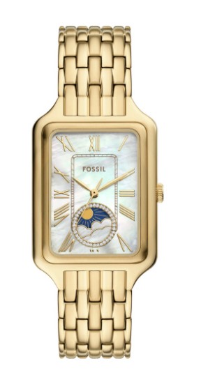 Fossil Quartz dames pols horloge staal met stalen band goudkleurig uit de collectie Raquel. Met maanstand.