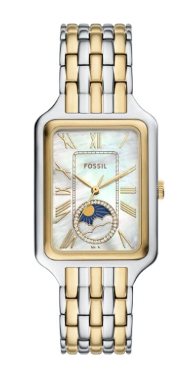Fossil Quartz dames pols horloge staal met stalen band bicolor uit de collectie Raquel. Met maanstand.