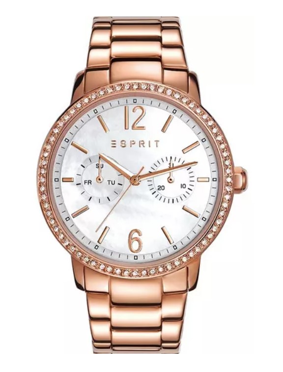 Esprit dames  pols horloge rose goudkleurig met parelmoeren wijzerplaat.