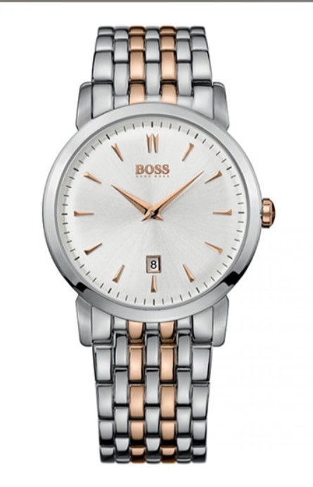 Hugo Boss heren pols horloge edelstaal met edelstalen band met rosé accenten.