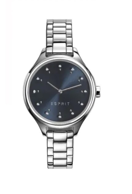 Esprit dames pols horloge met blauwe wijzerplaat en metalen schakel band.