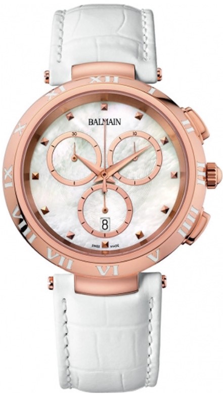 Balmain dames pols horloge staal met wit lederen band goudkleurig.