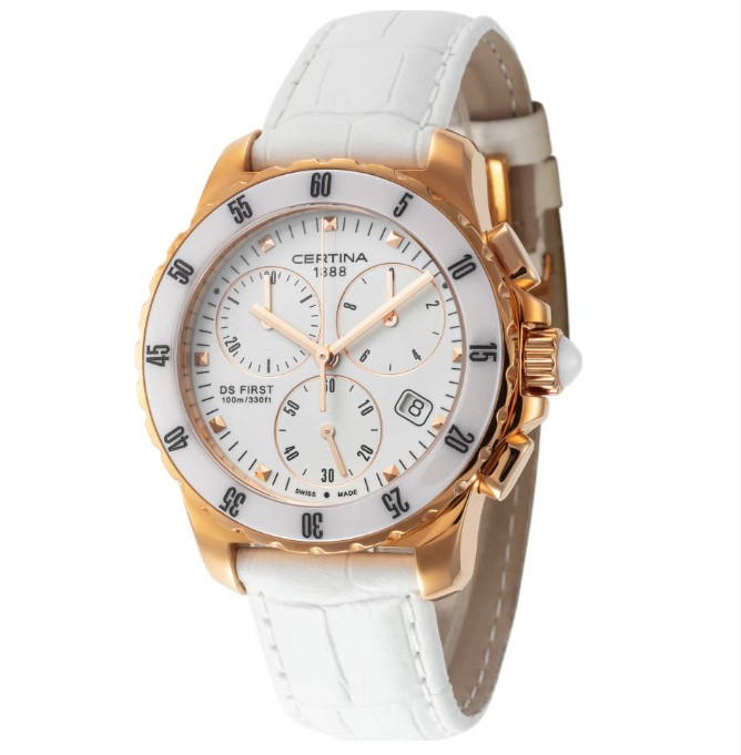 Certina DS First Quartz dames pols horloge rose met wit keramiek lunette.