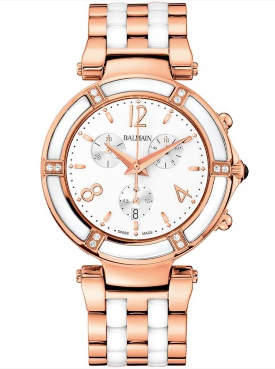 Balmain dames pols horloge staal met stalen band goudkleurig met keramiek schakels.