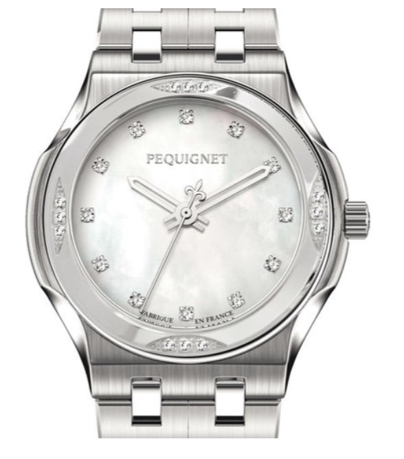 Pequignet Quartz dames pols horloge staal met stalen bandt. Briljant op de lunette en op de wijzerplaat.