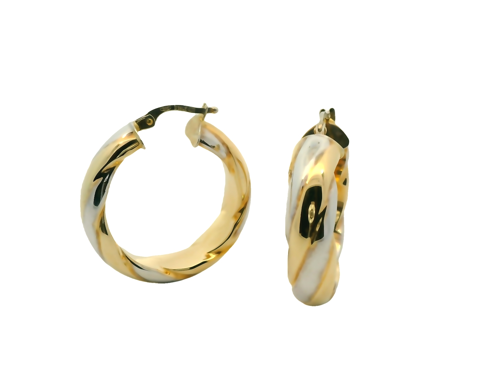 Deze stijlvolle bicolor oorringen van 14 karaat goud (4.36 gr) combineren de luxe uitstraling van geelgoud met de verfijning van witgoud. Het gedraaide design zorgt voor een speelse en elegante look, terwijl de glanzende afwerking een prachtige reflectie van het licht geeft. De oorringen zijn voorzien van een handige scharniersluiting, waardoor ze comfortabel en veilig te dragen zijn. Dankzij hun tijdloze ontwerp en unieke kleurcombinatie vormen deze oorringen een veelzijdige toevoeging aan elke sieradencollectie. Perfect voor zowel dagelijkse elegantie als speciale gelegenheden!