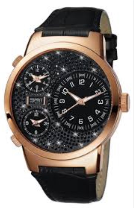 Esprit Quartz pols horloge rosé kleurig met 3 tijdzones instelbaar. Met zwart lederen band.