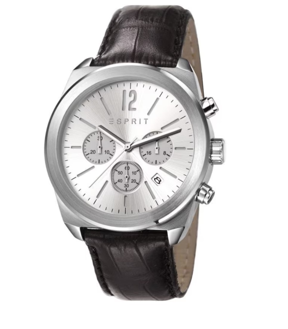 Esprit Quartz heren pols horloge met zwart lederen band.
