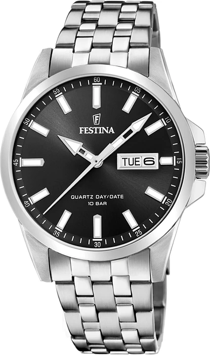 Op zoek naar een stijlvol horloge met een tijdloos design en uitstekende kwaliteit? Dan is de Festina F20357/4 het perfecte horloge voor jou! Dit prachtige horloge heeft een analoge tijdaanduiding en een quartz uurwerk, waardoor je altijd nauwkeurig de tijd kunt aflezen.

Met een diameter van 41 mm en een ronde vorm is dit horloge perfect voor zowel mannen als vrouwen. De zilverkleurige behuizing is gemaakt van roestvrij staal en geeft het horloge een moderne uitstraling. De zwarte wijzerplaat en het mineraal glas zorgen voor een strakke en luxe uitstraling.

De zilverkleurige band van de Festina F20357/4 is gemaakt van roestvrij staal en heeft een vlinder- of vouwsluiting, waardoor het horloge comfortabel om de pols zit. Daarnaast is dit horloge voorzien van een handige datumweergave, zodat je altijd op de hoogte bent van de juiste datum.

Dankzij de waterdichtheid van 10 bar is de Festina F20357/4 geschikt om mee te zwemmen, dus je kunt dit horloge met een gerust hart dragen tijdens een dagje aan het strand of in het zwembad. Het horloge is ook voorzien van het merk Festina, wat staat voor kwaliteit en vakmanschap.

Kortom, de Festina F20357/4 is een prachtig horloge met een tijdloos design en uitstekende kwaliteit. Of je nu op zoek bent naar een horloge voor dagelijks gebruik of voor speciale gelegenheden, met de Festina F20357/4 zit je altijd goed. Bestel dit horloge vandaag nog bij een officieel verkooppunt en geniet van de luxe en elegantie die dit horloge te bieden heeft!