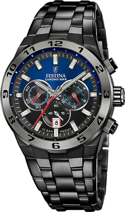 De Festina Chrono Bike F20673/1 is een stoer en sportief horloge dat perfect is voor de moderne man die houdt van een sportieve look. Met een diameter van 44 mm en een hoogte van 13 mm heeft dit horloge een robuuste uitstraling die zeker niet onopgemerkt zal blijven.

De tijdaanduiding van dit horloge is analoog en het uurwerk is quartz, wat zorgt voor een nauwkeurige en betrouwbare weergave van de tijd. De vorm van de behuizing is rond en de kleur van de behuizing is zwart, wat zorgt voor een stoere uitstraling. De behuizing is gemaakt van roestvrij staal, waardoor het horloge duurzaam en stevig is.

De wijzerplaat van de Festina Chrono Bike F20673/1 is blauw van kleur en het glas is gemaakt van mineraal, wat zorgt voor een goede bescherming tegen krassen en beschadigingen. De band van het horloge is zwart van kleur en gemaakt van roestvrij staal, wat zorgt voor een comfortabele pasvorm en een stoere uitstraling.

Dit horloge heeft ook een datumweergave, zodat je altijd op de hoogte bent van de juiste datum. Daarnaast is de Festina Chrono Bike F20673/1 waterdicht tot 10 bar, wat betekent dat je er mee kunt zwemmen zonder dat het horloge beschadigd raakt. De sluiting van het horloge is een vlinder- of vouwsluiting, wat zorgt voor een gemakkelijke en veilige sluiting.

Als officieel verkooppunt van Festina kunnen wij garanderen dat dit horloge van hoge kwaliteit is en voldoet aan alle eisen die je van een goed horloge mag verwachten. Met de Festina Chrono Bike F20673/1 ben je altijd bij de tijd en zie je er ook nog eens stijlvol uit!