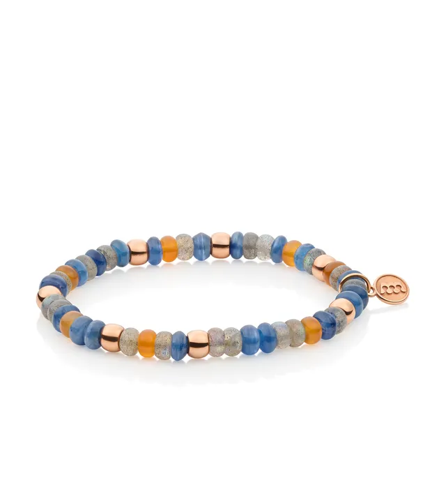 Deze edelstenen armbanden met 7 gouden ornamentjes en Bron label maken we in steeds andere variaties in beperkte oplage.  Reflex armband met kyaniet, labradoriet en carneool.