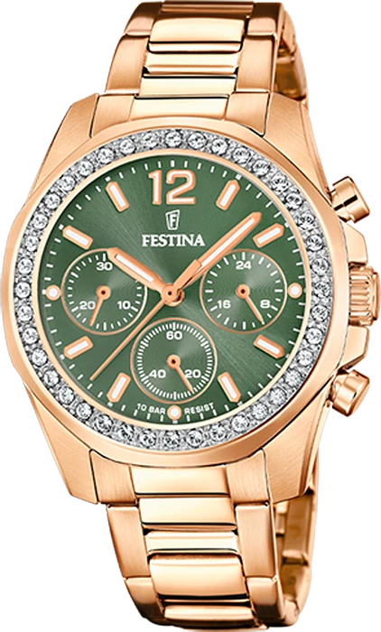Op zoek naar een stijlvol horloge dat zowel elegantie als functionaliteit combineert? Dan is de FESTINA F20639/A het perfecte horloge voor jou! Dit prachtige analoge horloge heeft een quartz uurwerk en een diameter van 39 mm, waardoor het een subtiele maar toch opvallende toevoeging is aan elke outfit.

De behuizing van de FESTINA F20639/A is rond van vorm en heeft een mooie roségouden kleur. Het materiaal van de behuizing is roestvrij staal, wat zorgt voor duurzaamheid en een luxe uitstraling. De wijzerplaat van het horloge is groen van kleur en het glas is gemaakt van mineraal, waardoor het horloge goed beschermd is tegen krassen en stoten.

De band van de FESTINA F20639/A is ook roségoud van kleur en gemaakt van roestvrij staal. De band heeft een vlinder- of vouwsluiting, waardoor het horloge comfortabel om de pols zit en gemakkelijk te openen en sluiten is. Daarnaast heeft dit horloge een handige datumweergave, zodat je altijd op de hoogte bent van de juiste datum.

Niet alleen is de FESTINA F20639/A een prachtig horloge om te dragen, het is ook nog eens waterdicht tot 10 bar, wat betekent dat je er mee kunt zwemmen zonder je zorgen te hoeven maken. Of je nu naar een chique diner gaat of een dagje aan het strand doorbrengt, dit horloge is de perfecte metgezel voor elke gelegenheid.

Als officieel Festina verkooppunt kunnen wij met trots zeggen dat de FESTINA F20639/A een horloge van topkwaliteit is dat jarenlang meegaat en altijd stijlvol blijft. Bestel vandaag nog jouw eigen FESTINA F20639/A en ervaar de perfecte combinatie van elegantie en functionaliteit!