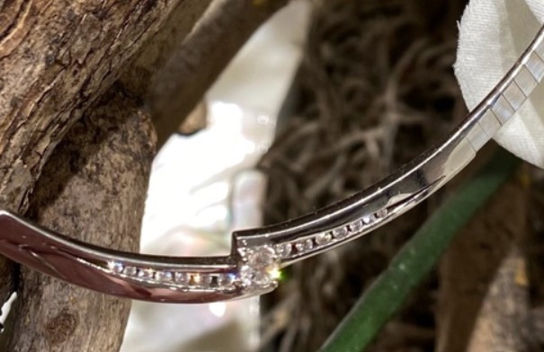 Exclusief 14 karaat witgouden vlak Omega collier met daarin totaal 0.30 crt G/VSI briljant. Midden steen 0.18 crt.