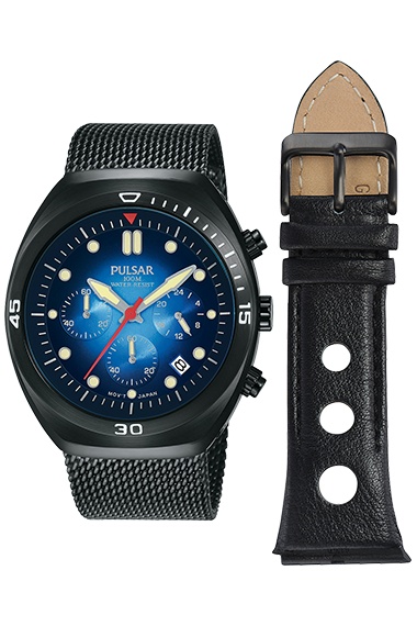 Pulsar black-coated herenhorloge chronograaf met zwarte stalenband en zwarte lerenband in geschenkverpakking.