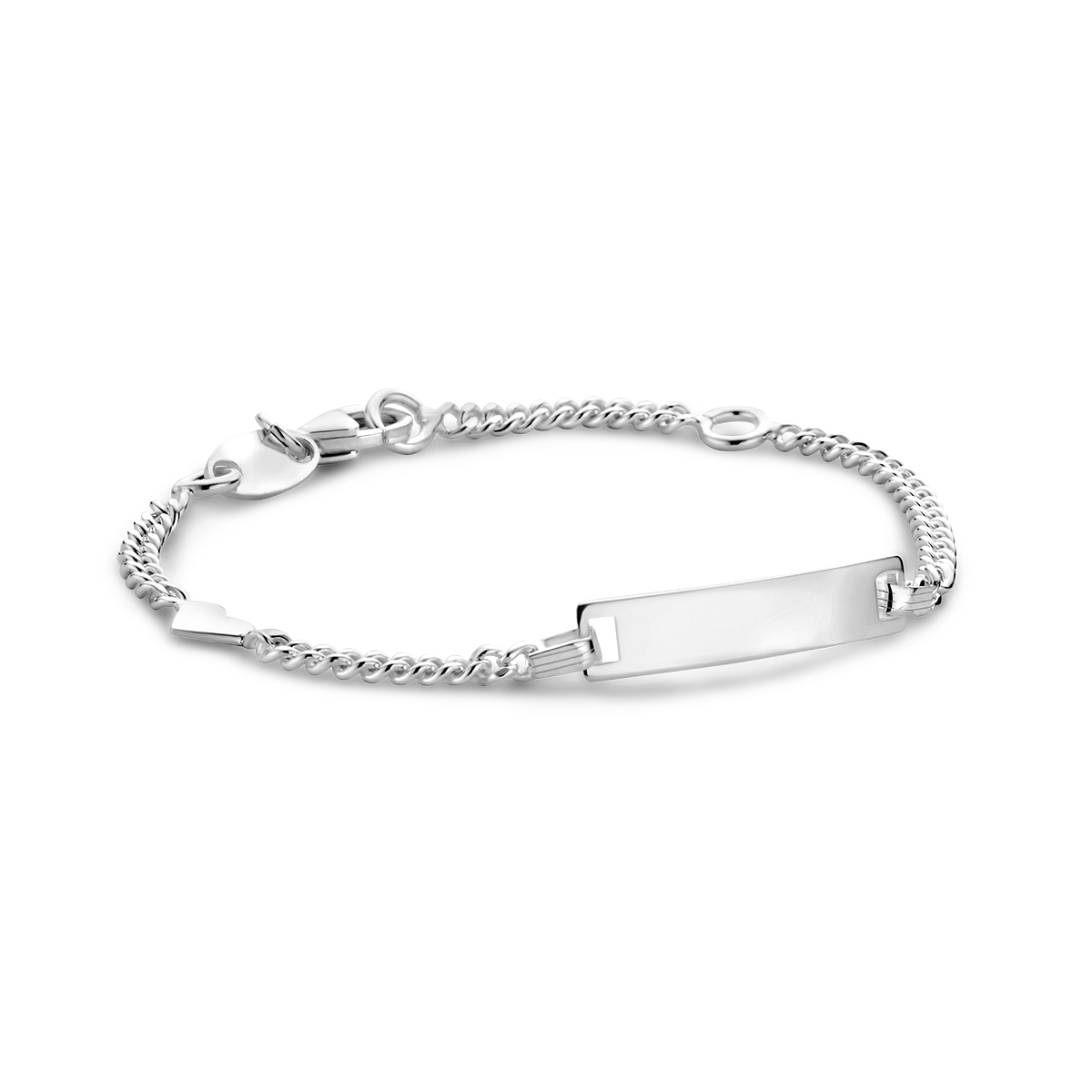 Zilveren graveerarmband met een hartje. De lengte bedraagt 11cm met 2cm extensie. De breedte van de graveerplaat bedraagt 4.2mm.
Doelgroep: kinderen
Breedte: 4.2 mm
Kortste lengte: 11 cm
Langste lengte: 13 cm