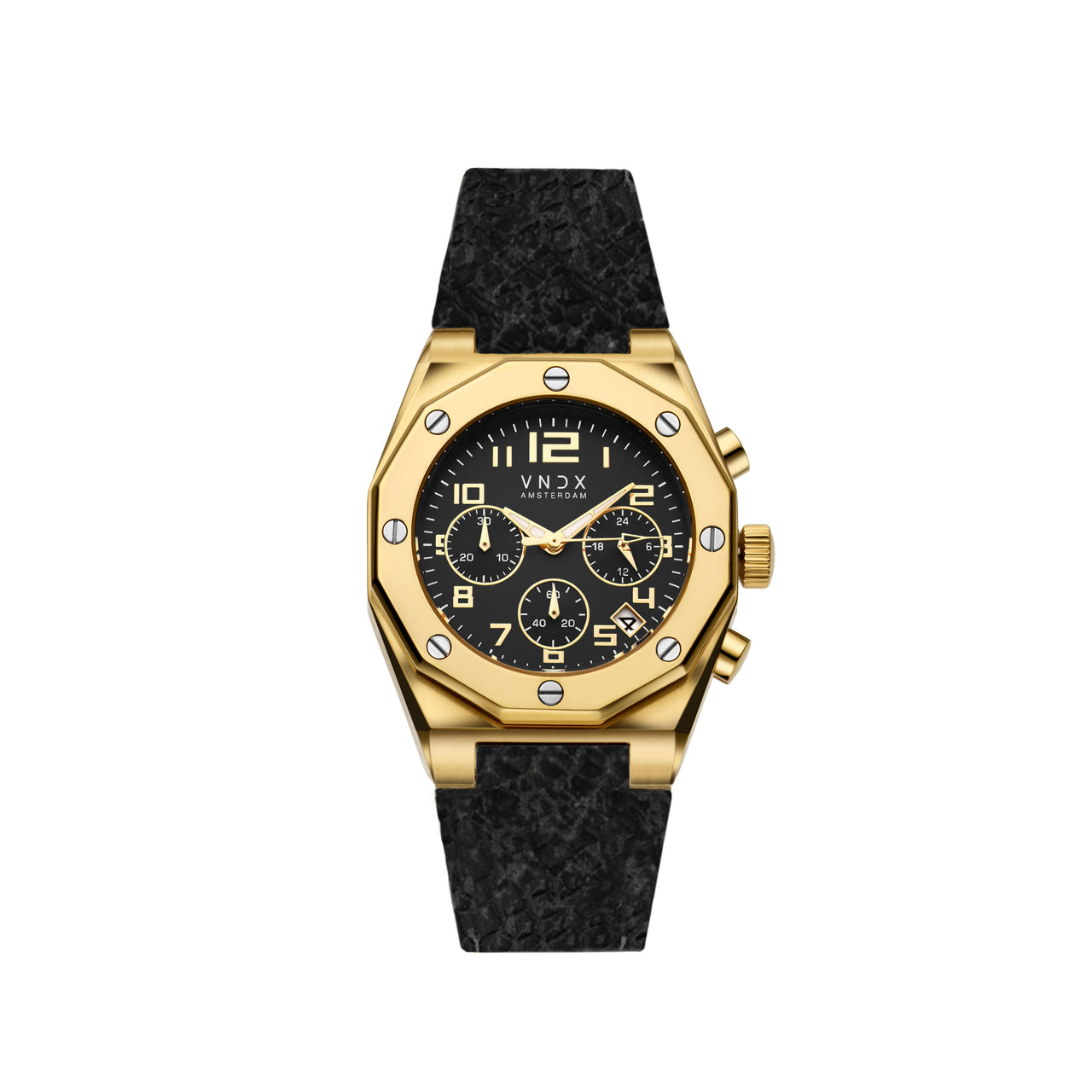 Maak een statement met The One Snake Zwart Goud van VNDX Amsterdam. Dit horloge combineert tijdloze elegantie met hoogwaardige materialen, luxe details en een opvallende leren band met snakeprint. De gouden kast en de verfijnde zwarte wijzerplaat vormen een perfecte balans tussen stijl en eenvoud, terwijl de unieke band een gedurfde en moderne twist toevoegt. Een veelzijdig horloge dat zowel dagelijks als bij speciale gelegenheden indruk maakt.