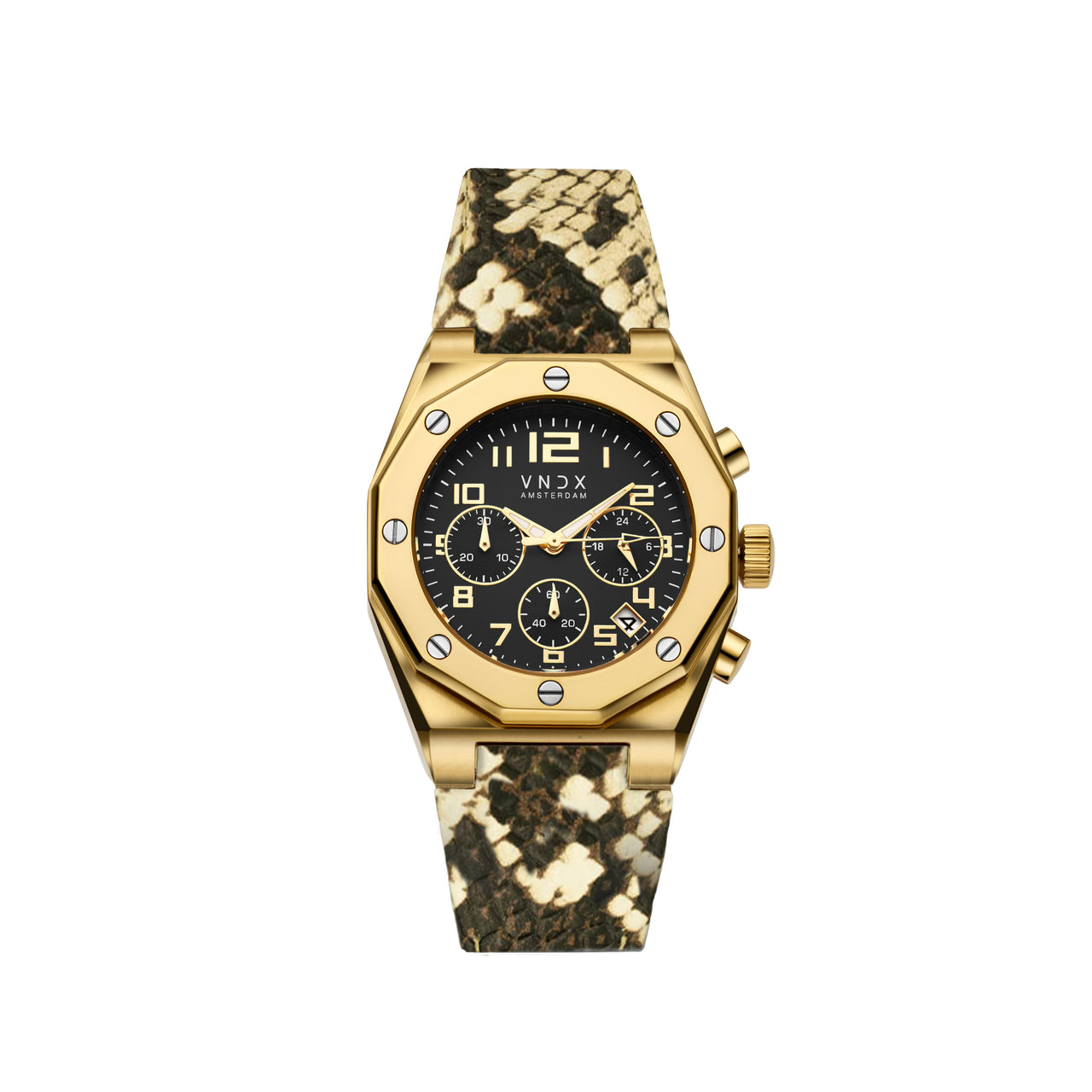 Maak een statement met The One Snake Goud Zwart van VNDX Amsterdam. Dit horloge combineert tijdloze elegantie met hoogwaardige materialen, luxe details en een opvallende leren band met snakeprint. De gouden kast en de verfijnde zwarte wijzerplaat vormen een perfecte balans tussen stijl en eenvoud, terwijl de unieke band een gedurfde en moderne twist toevoegt. Een veelzijdig horloge dat zowel dagelijks als bij speciale gelegenheden indruk maakt.
