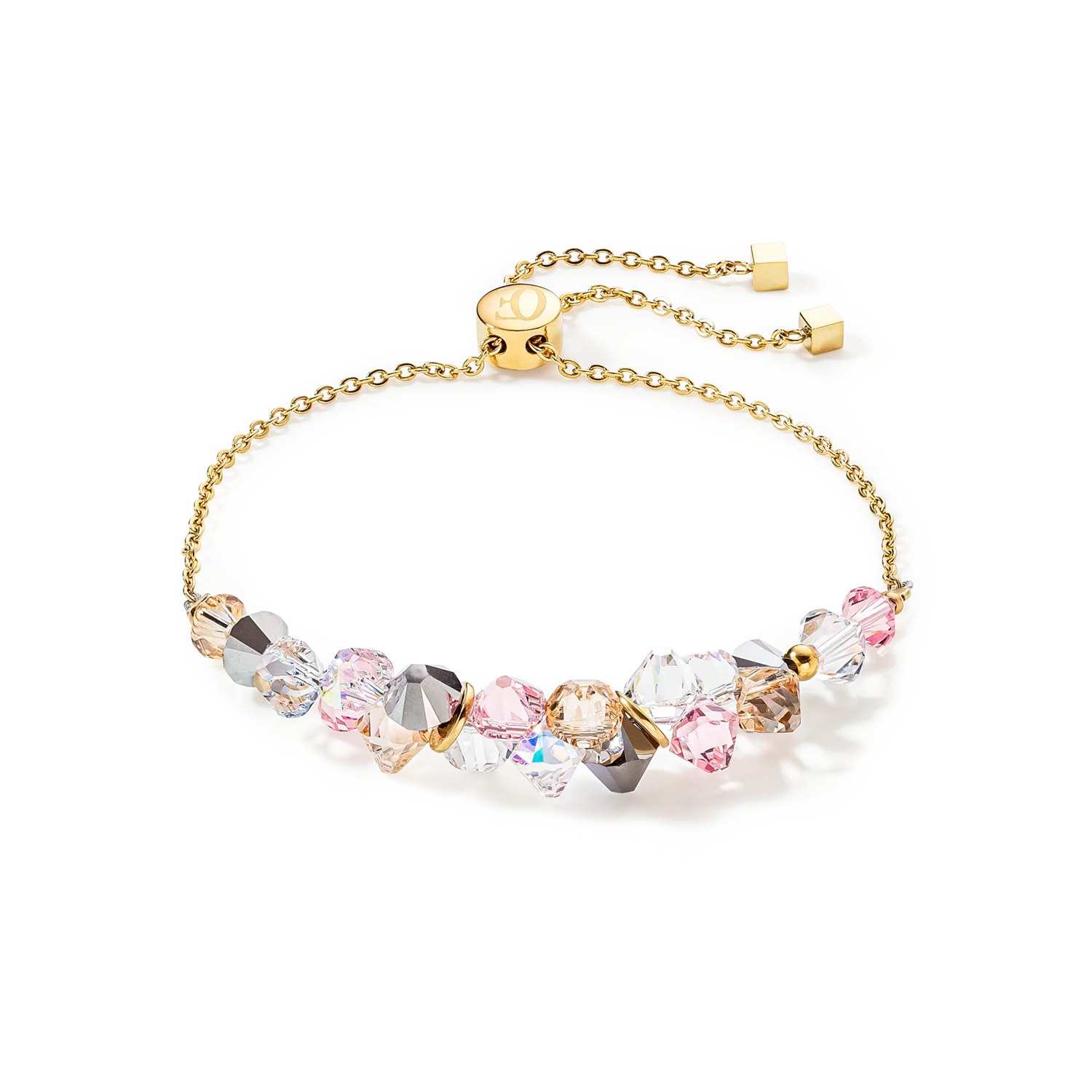 Dansende kristallen, roze. Met zijn verbluffende combinatie van sprankelende kristallen en goud geeft deze armband met een in lengte verstelbare schuifsluiting elke outfit een lift.