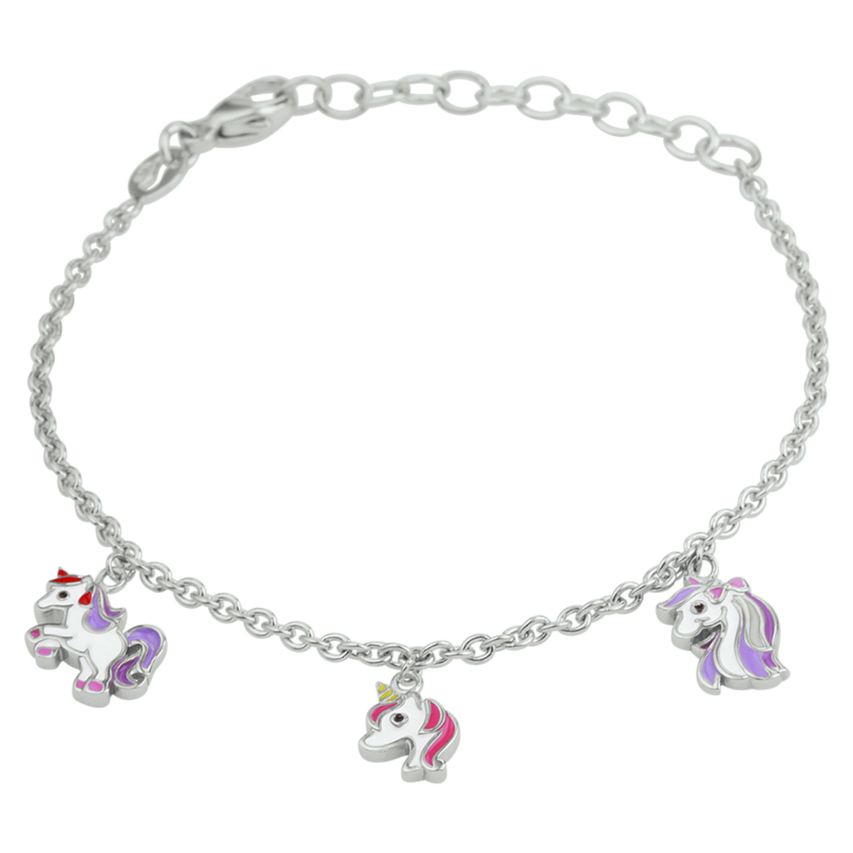 Gerhodineerd 925 zilveren armband uitgevoerd met drie verschillende hangers in de vorm van een eenhoorn en een stevige karabijn sluiting. De armband heeft een draaglengte van 13cm met een extensie van 3cm. De hangers hebben een afmeting van 10.5x9mm, 9x6,5mm en 11x7mm.