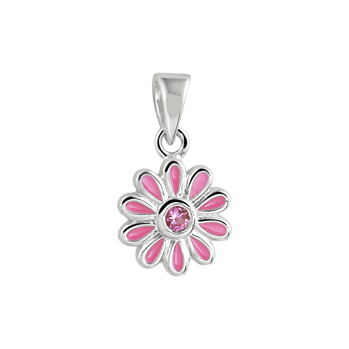 Gerhodineerd 925 zilveren hanger in de vorm van een bloem uitgevoerd met een schitterende roze zirkonia. De hanger heeft een totale hoogte van 1.6cm en een breedte van 9mm.