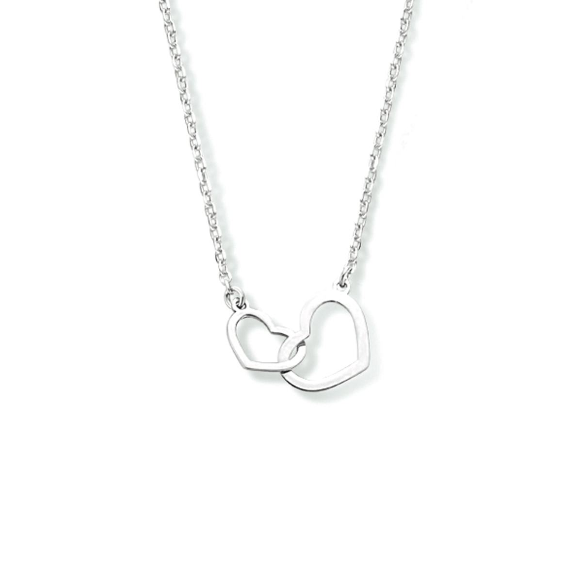 Gerhodineerd 925 zilveren collier uitgevoerd met twee hartjes. Het collier heeft een draaglengte van 40cm met een extensie van 4cm. De hartjes hebben een afmeting van 7x10mm en 9x13mm.