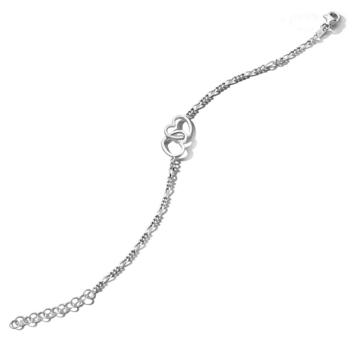 Zilver gerhodineerde armband, figaro schakel met 2 hartjes ertussen. 16-19cm