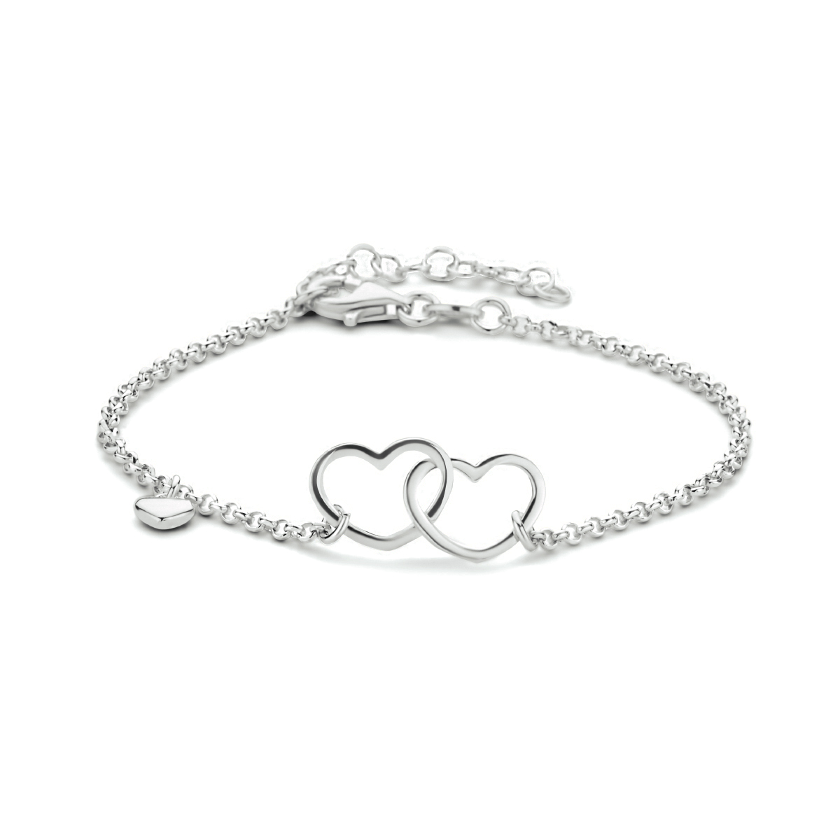 Gerhodineerd 925 zilveren hartjes armband. De hartjes hebben een afmeting van 9x11.5mm. Het kleine hartje heeft een afmeting van 4x5mm. De armband heeft een draaglengte van 16cm en een extensie 3cm.
