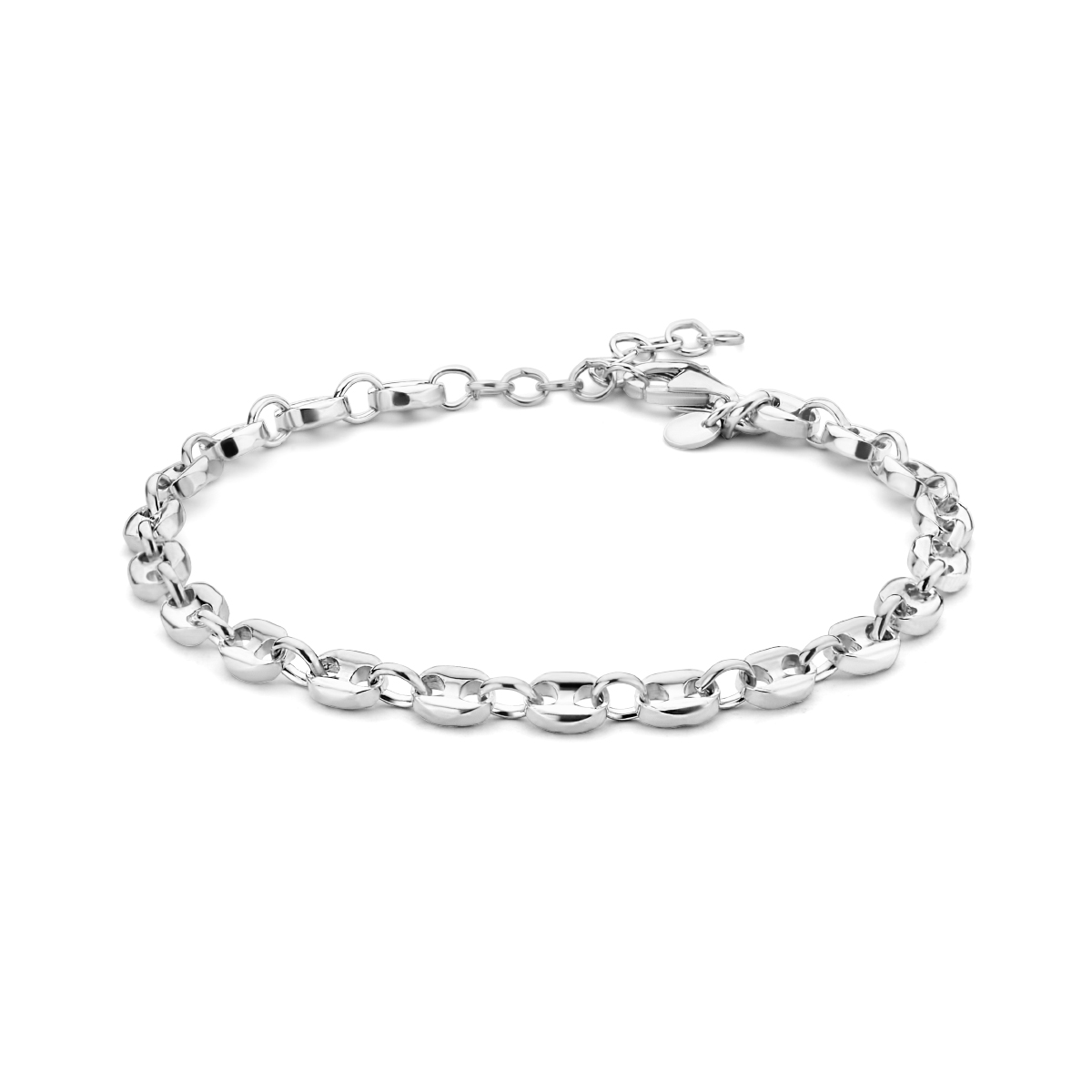Gerhodineerd 925 zilveren armband met een schakelbreedte van 4.3mm en een karabijn sluiting. De armband heeft een draaglengte van 16.5cm en een extensie van 3cm.