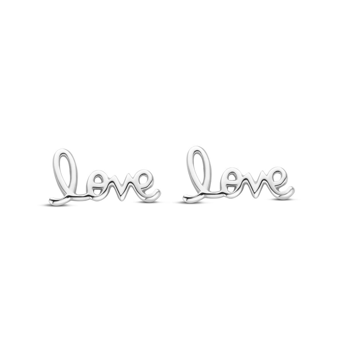 Gerhodineerd 925 zilveren oorknoppen uitgevoerd met de tekst love. De oorknoppen hebben een afmeting van 6x12mm.