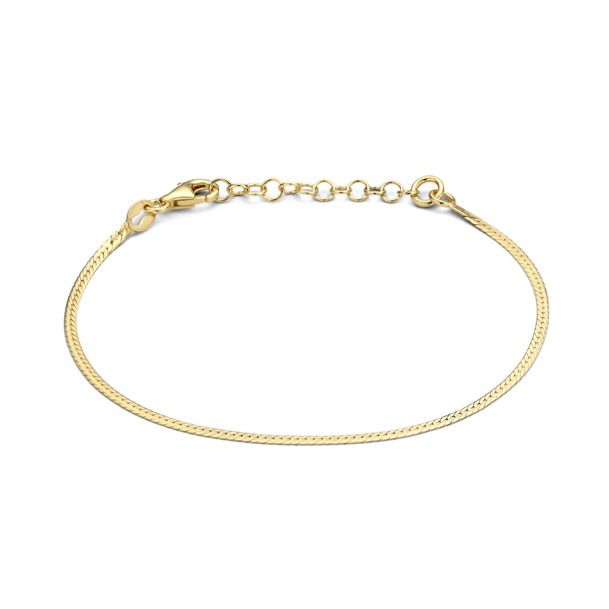 Geelgoud op 925 zilveren armband met een breedte van 1.7mm. De armband heeft een draaglengte van 16cm met een extensie van 3cm en een stevige karabijn sluiting. Geen garantie op plating.