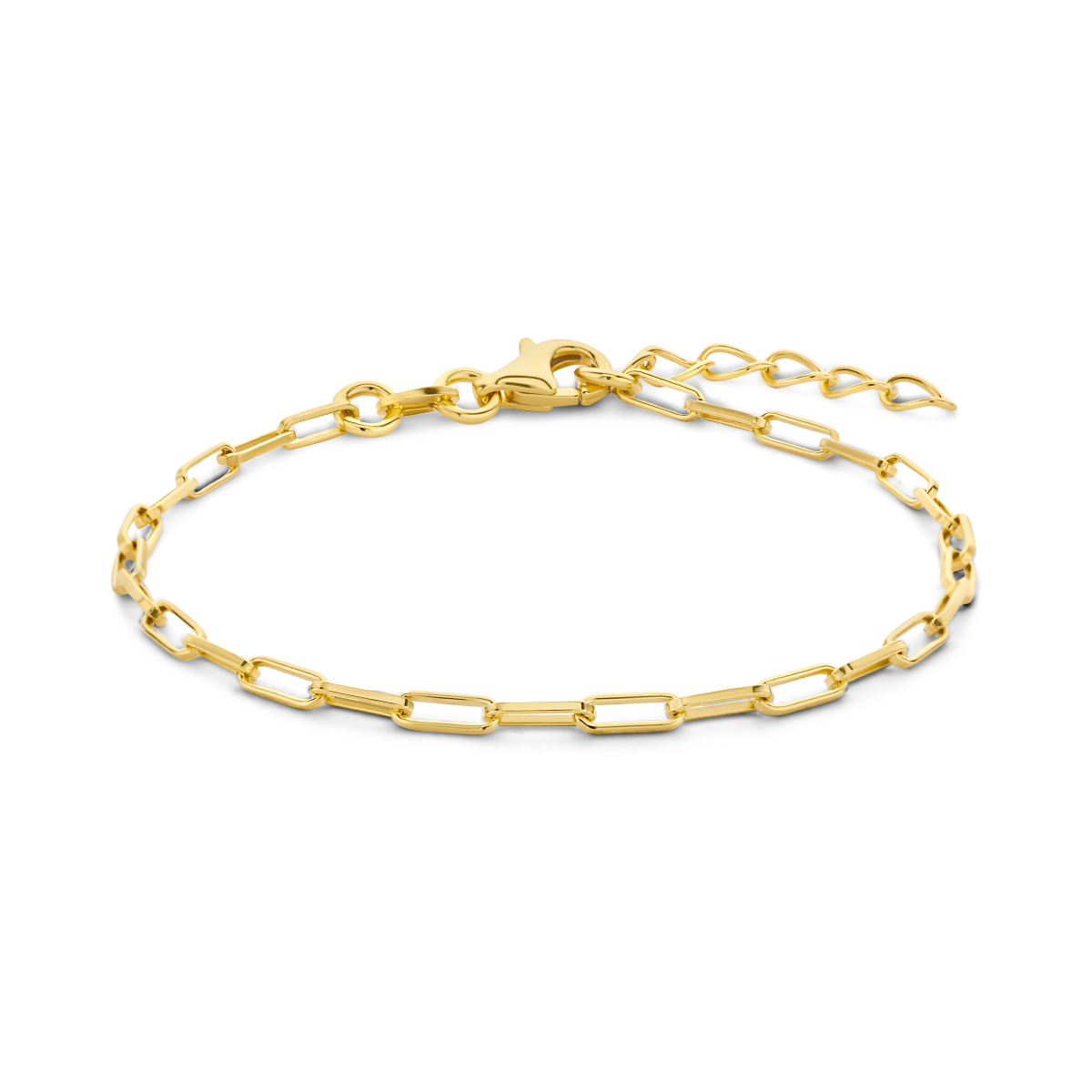 Geelgoud op 925 zilveren paperclip armband uitgevoerd met een karabijn sluiting. De armband heeft een draaglengte van 15.5cm en een extensie van 2.5cm. De schakelbreedte is 2.3mm. Geen garantie op plating.